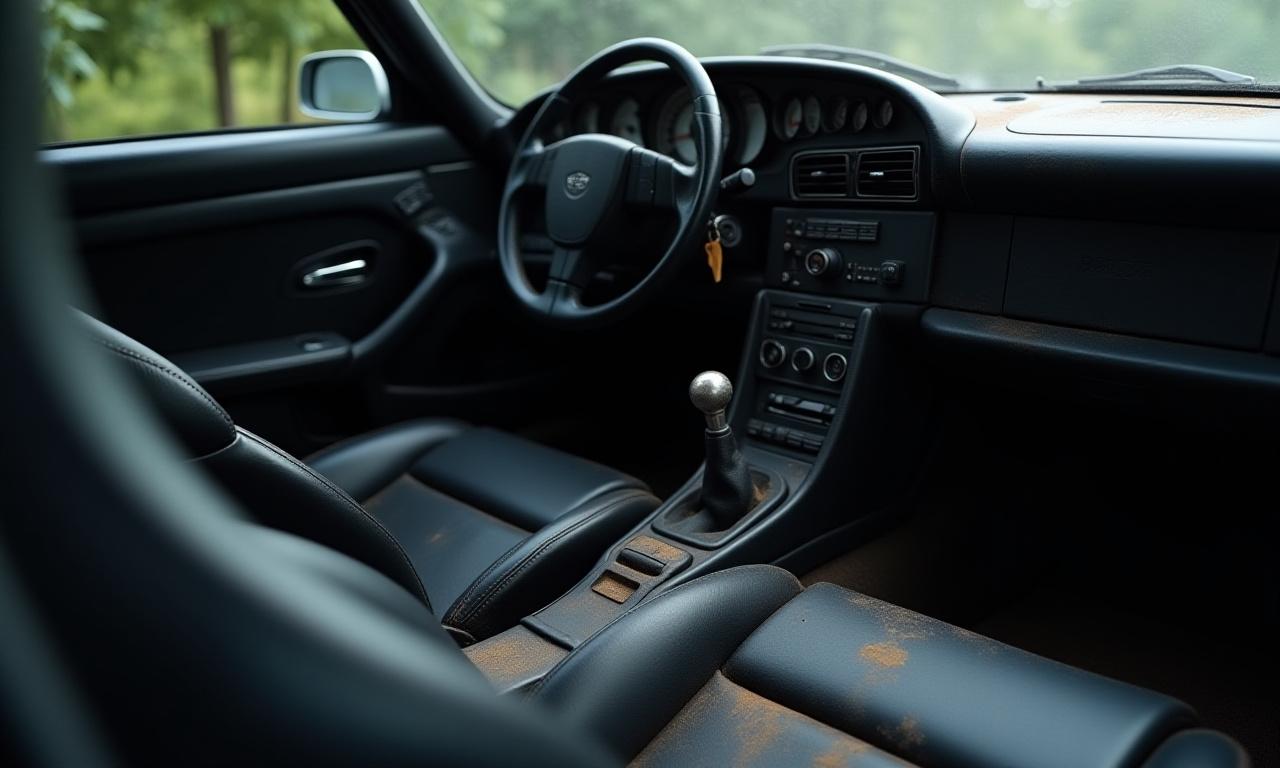 Interni in pelle di una Porsche 911 sporchi e usurati.